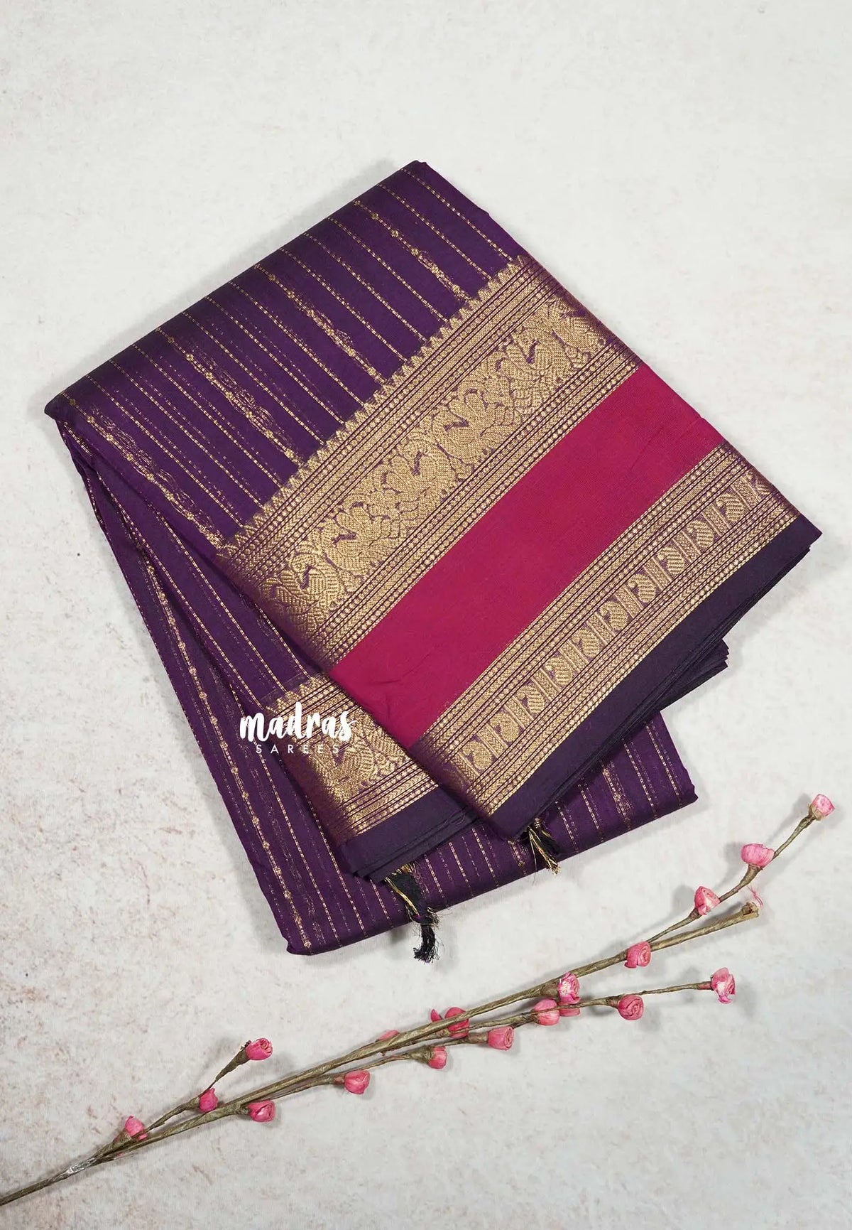 Royal Jamun Purple - Korvai silk cotton rich pallu With vaira oosi body and rettapet border