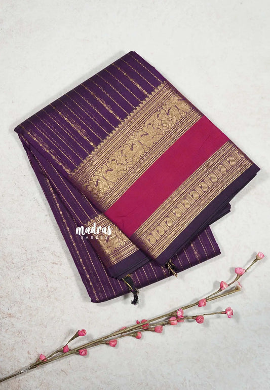Royal Jamun Purple - Korvai silk cotton rich pallu With vaira oosi body and rettapet border