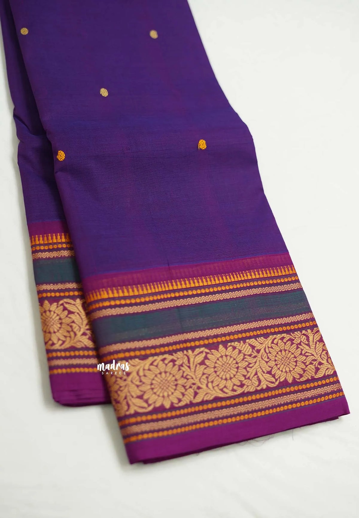 Korvai silk cotton rich thread border with small buttas purple color