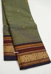 Korvai silk cotton rich thread border with small buttas khaki grey color