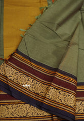 Korvai silk cotton rich thread border with small buttas khaki grey color