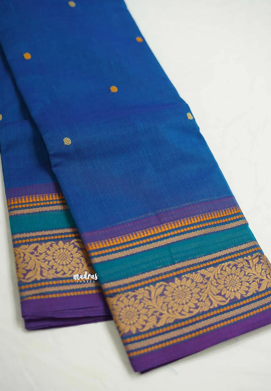 Korvai silk cotton rich thread border with small buttas Ananda blue color