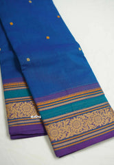 Korvai silk cotton rich thread border with small buttas Ananda blue color