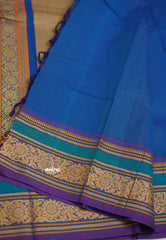 Korvai silk cotton rich thread border with small buttas Ananda blue color