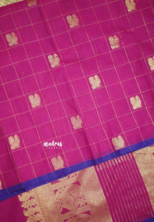 Korvai silk cotton Checks With annam Buttas - Rani Pink