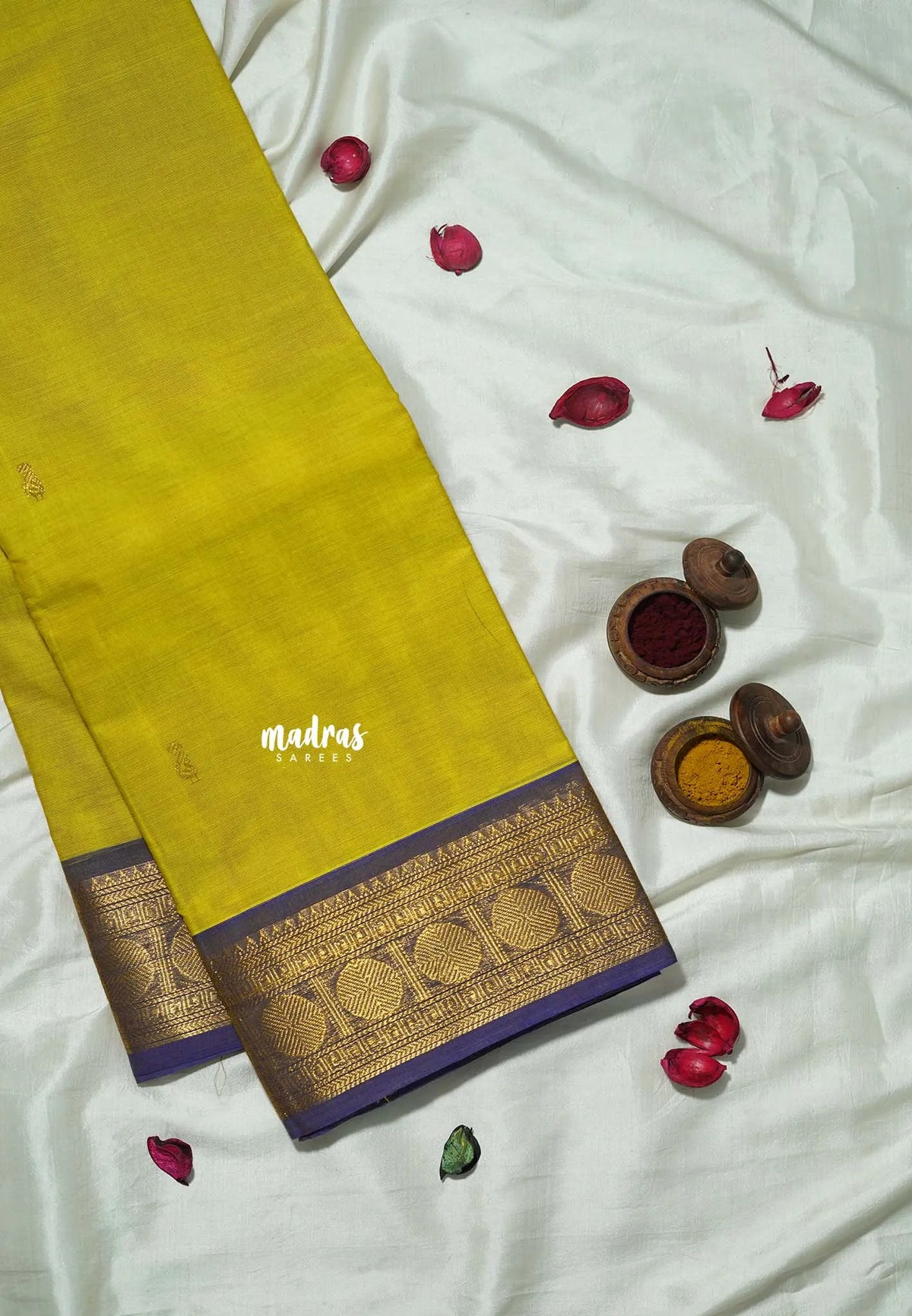 Greenish yellow - Korvai silk cotton saree with Rudraksham Border  - Best for Festive Wear