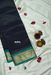 Midnight Blue - Karthigai Silk Cotton saree with Stripes Weaving - Best for Festive Wear