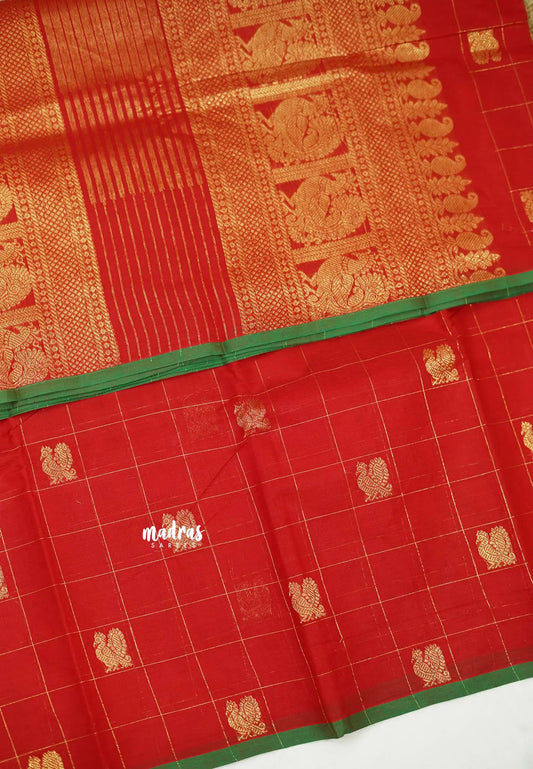 Korvai silk cotton Checks With annam Buttas Chilli Red