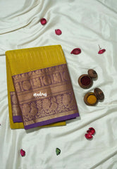Greenish yellow - Korvai silk cotton rich pallu With vaira oosi body peacock Border - Best for Festive Wear