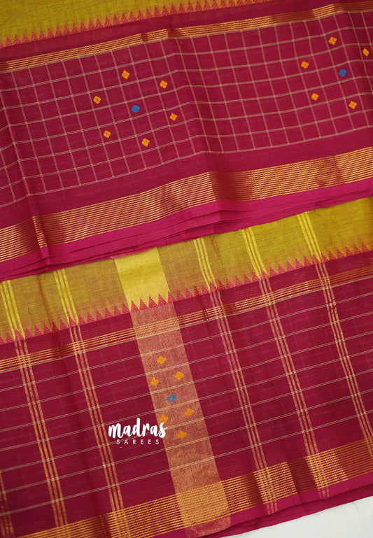 Korvai silk cotton mustard yellow with traditional checks big border