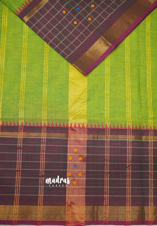 Korvai silk cotton Lime green with traditional checks big border