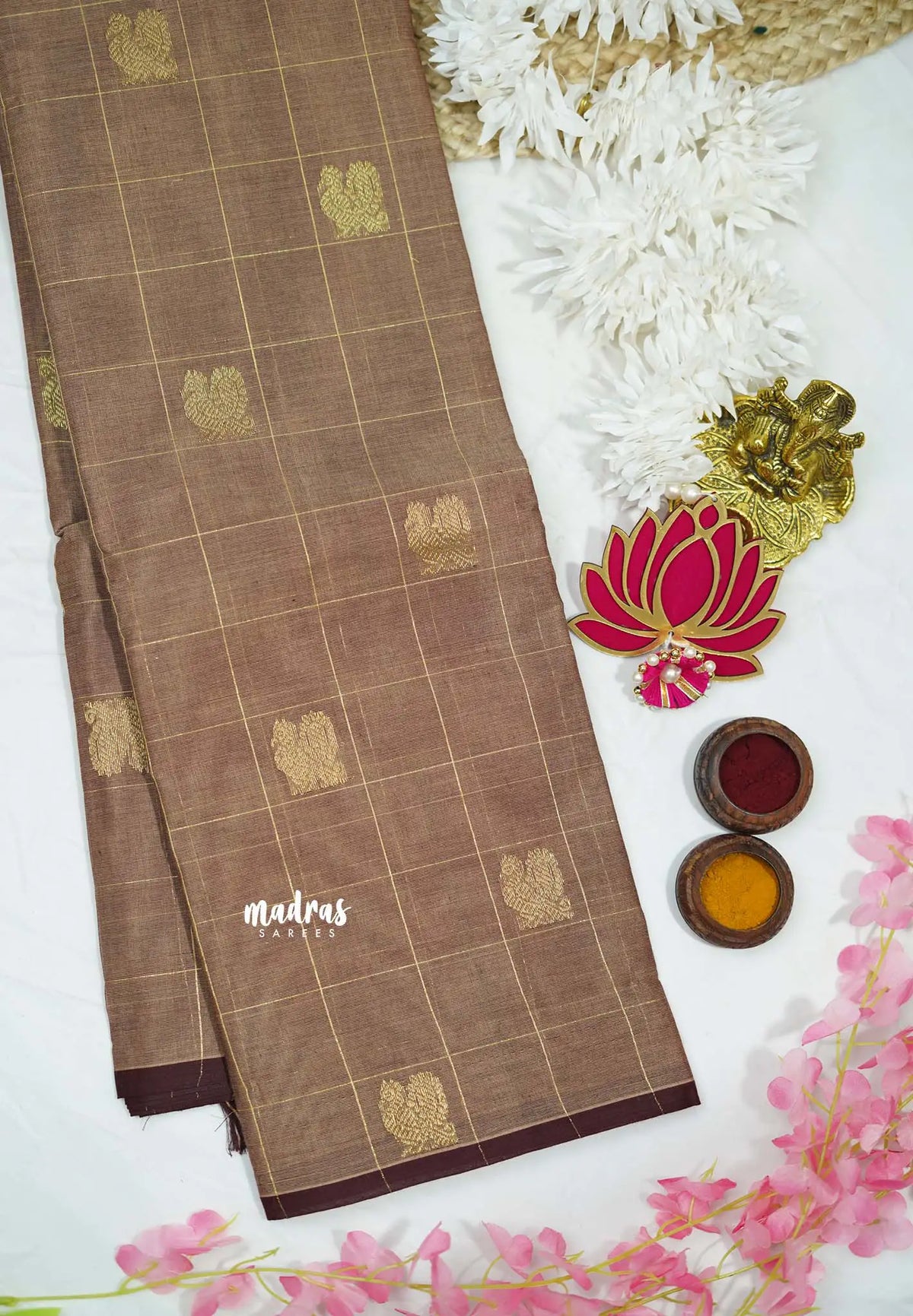 Korvai silk cotton Checks With annam Buttas Biscuit color