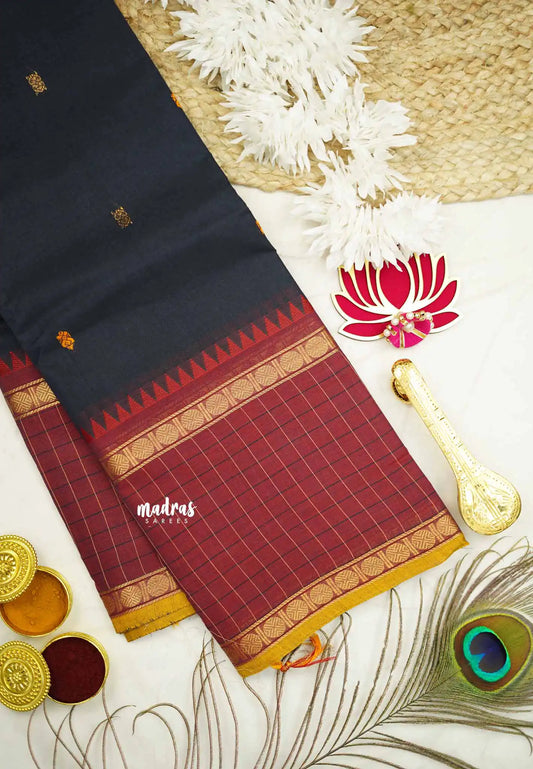 Korvai silk cotton big checks border rudraksham - Navy blue