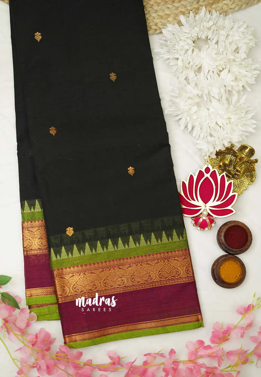 Korvai silk cotton with Rettapet border Black color