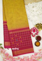 Korvai silk cotton mustard yellow with traditional checks big border