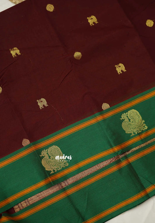 Korvai silk cotton with Annam and yazhi weaving - Dark Maroon