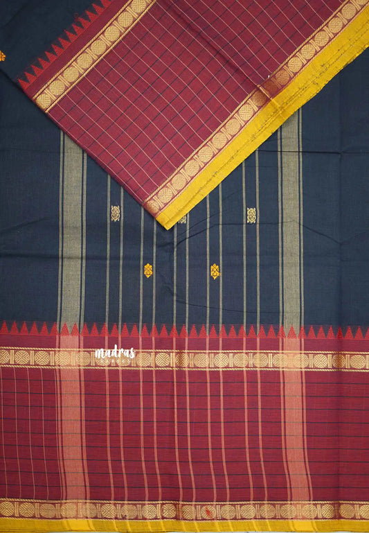 Korvai silk cotton big checks border rudraksham - Navy blue