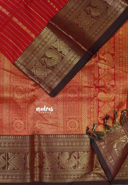 Classic Bright Red - Korvai silk cotton rich pallu With vaira oosi body