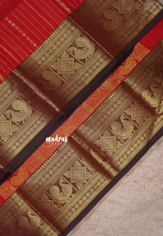 Classic Bright Red - Korvai silk cotton rich pallu With vaira oosi body