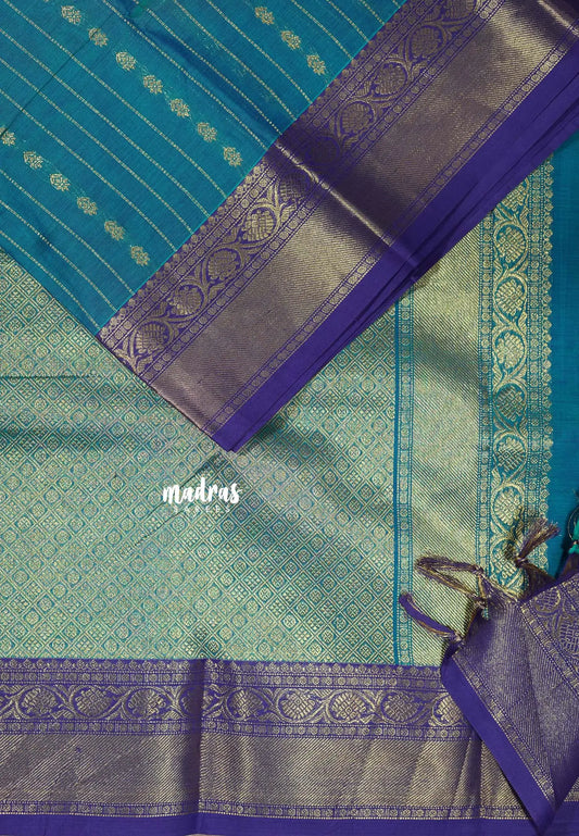 Peacock Blue - Korvai silk cotton rich pallu With vaira oosi body