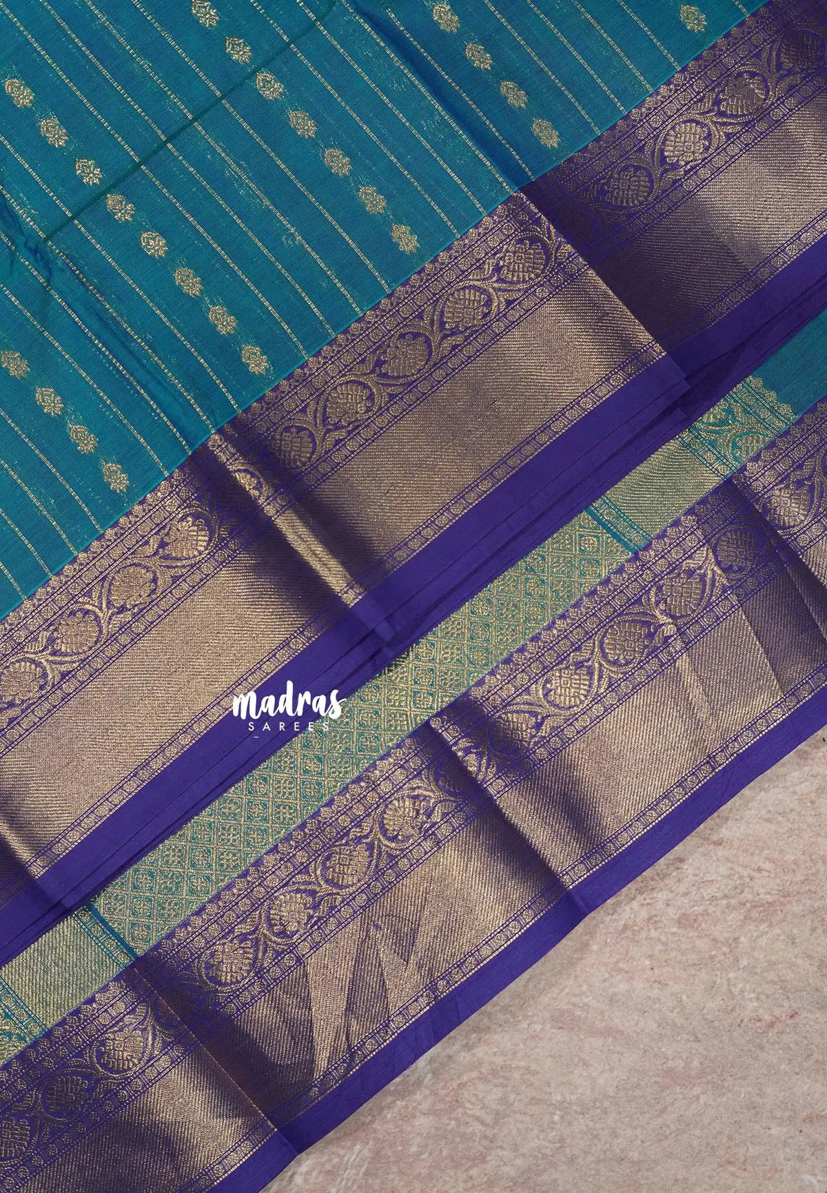 Peacock Blue - Korvai silk cotton rich pallu With vaira oosi body
