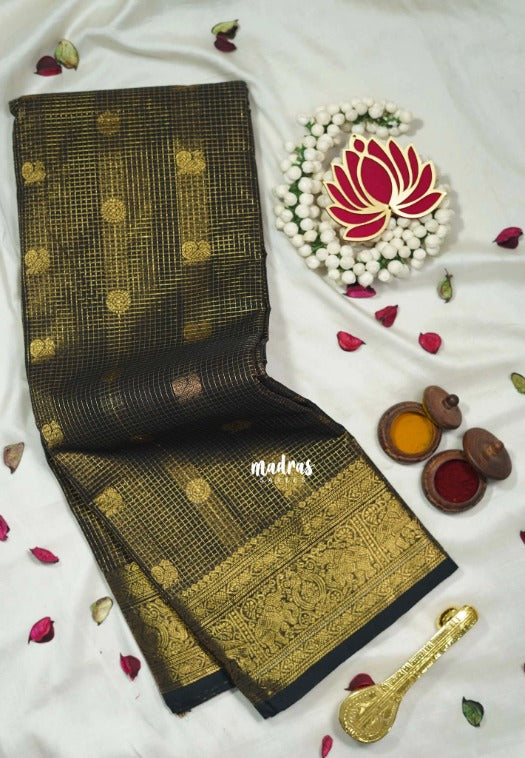 Classic Black - Korvai Silk Cotton Muthukattam Rich Pallu and Yaanai, Mayil Border with Mayil Buttas - Best for Wedding Functions