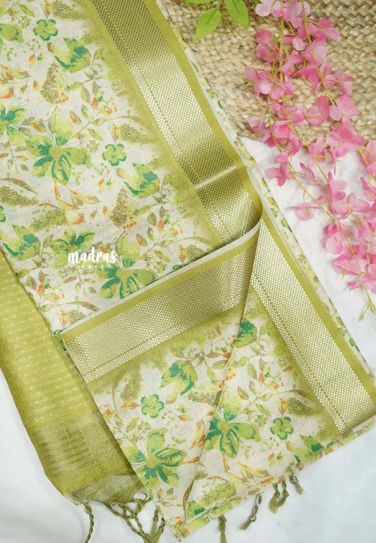 Shalini -  Lightweight kota paper silk saree with floral prints - Mehendi green