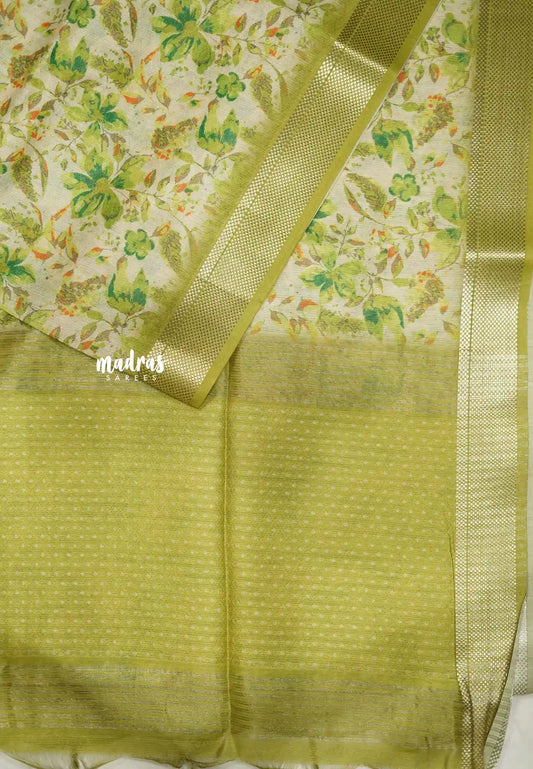 Shalini -  Lightweight kota paper silk saree with floral prints - Mehendi green