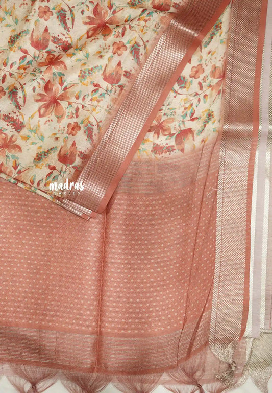 Shalini -  Lightweight kota paper silk saree with floral prints - English peach