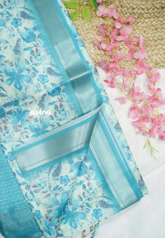 Shalini -  Lightweight kota paper silk saree with floral prints - Turqoise blue