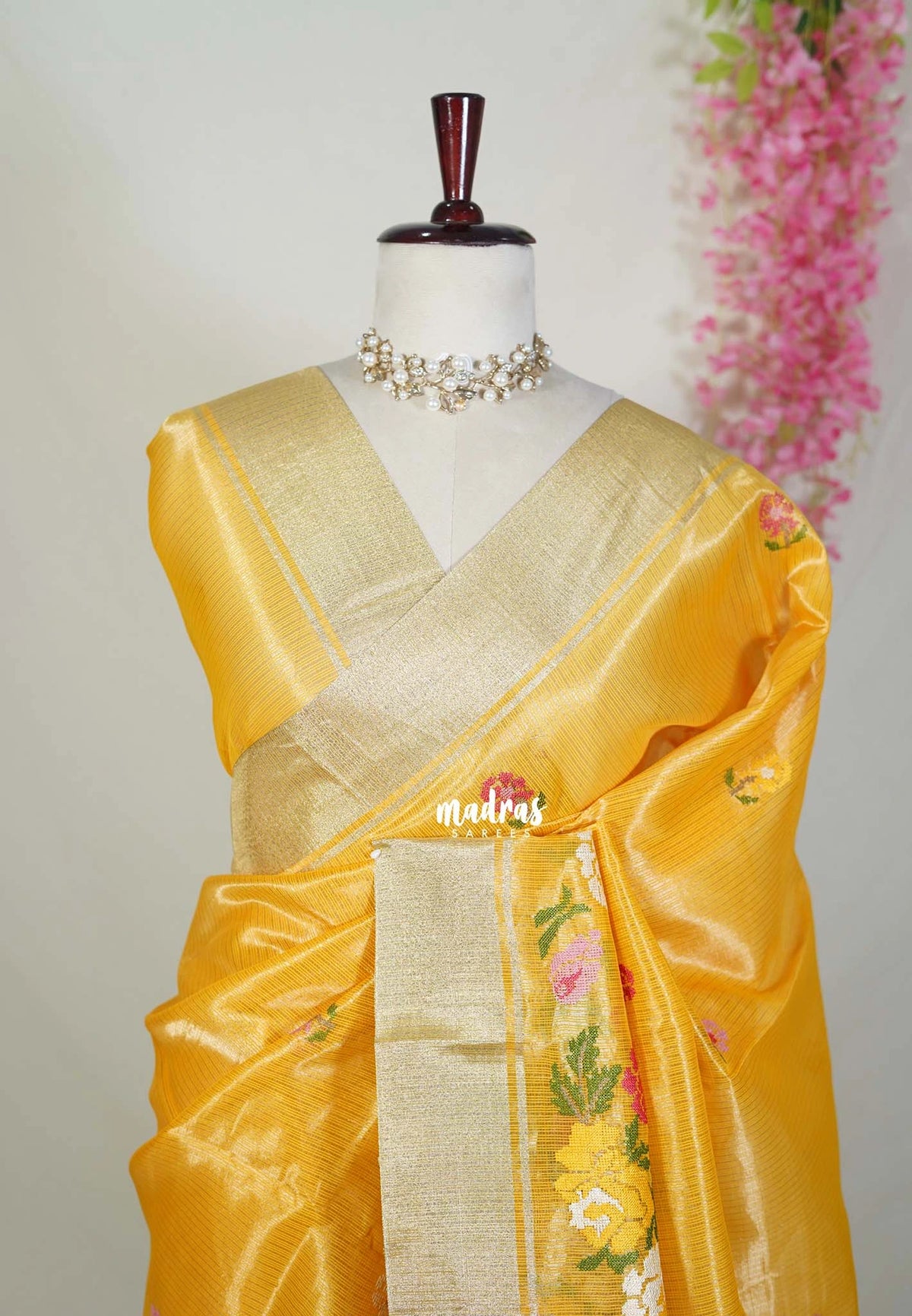 Saffron Yellow - Kushboo - Banarasi Kota Tissue Silk with Petite Embroidery Work - Best for Evening Functions
