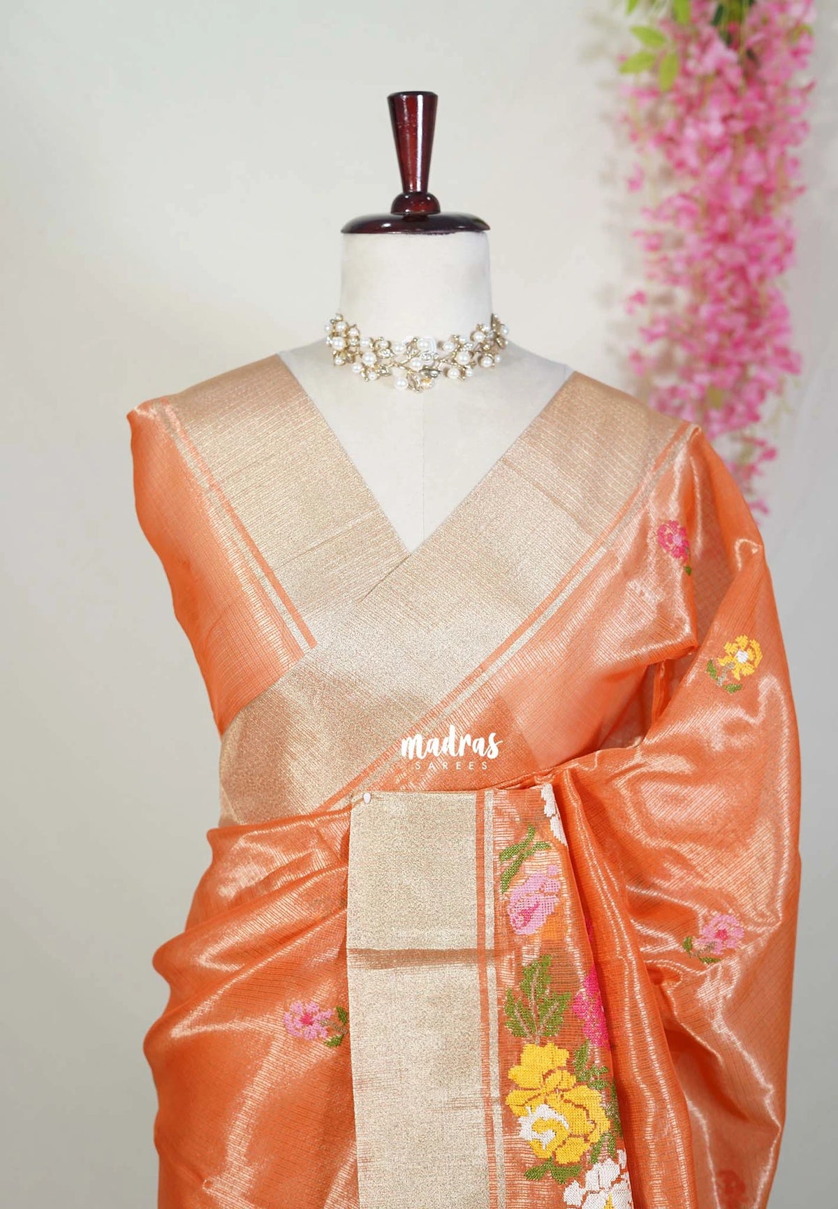 Carrot Peach Orange - Kushboo - Banarasi Kota Tissue Silk with Petite Embroidery Work - Best for Evening Functions