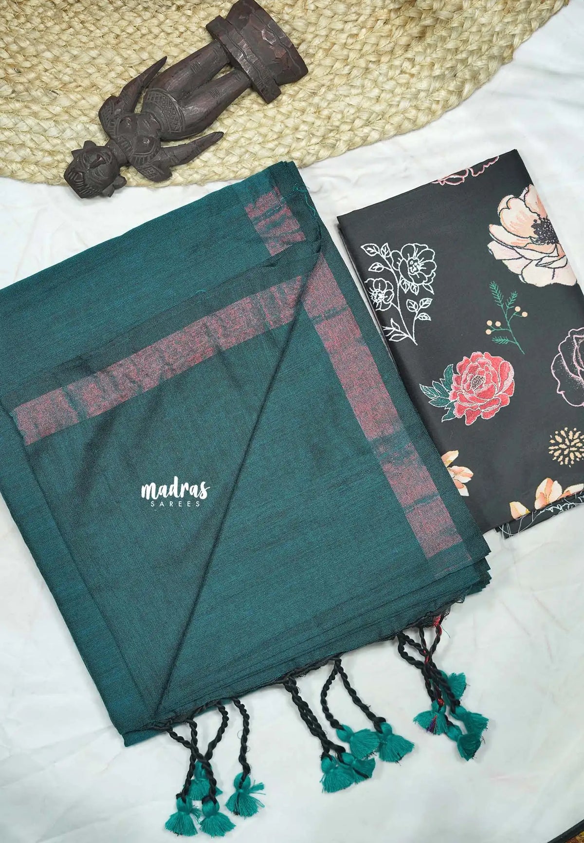 Kotravai - khadi tissue border with silk muslin blouse combo - Teal green