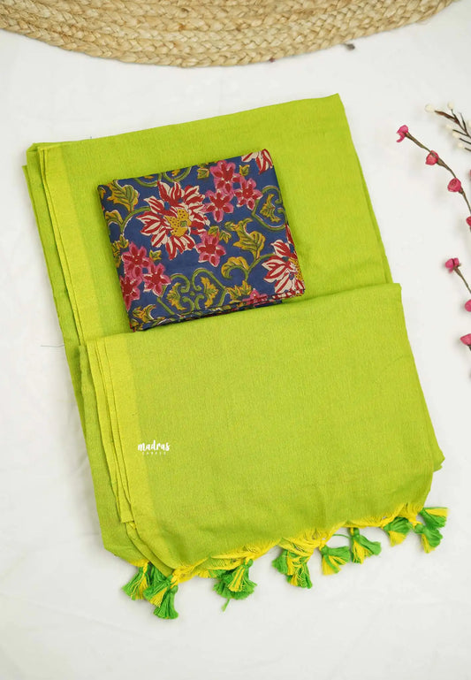 Neon green color Plain khadi with cotton blouse combo - Kotravai