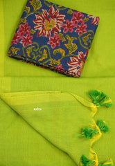 Neon green color Plain khadi with cotton blouse combo - Kotravai