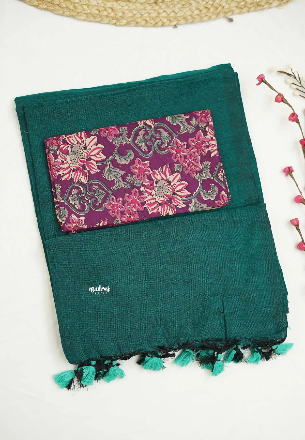 Teal green color Plain khadi with cotton blouse combo - Kotravai