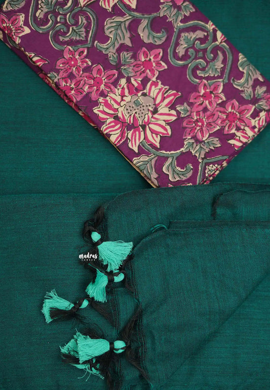 Teal green color Plain khadi with cotton blouse combo - Kotravai