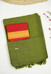 Mehandi green color Plain khadi with mangalgiri cotton blouse combo - Kotravai