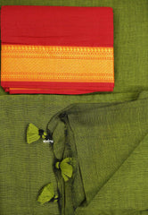 Mehandi green color Plain khadi with mangalgiri cotton blouse combo - Kotravai