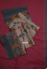 Majestic Maroon - Kotravai - Plain khadi with kalamkari cotton blouse combo -Perfect for Regular Wear | Teachers | Professors Friendly