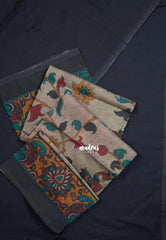 Midnight Black - Kotravai - Plain khadi with kalamkari cotton blouse combo -Perfect for Regular Wear | Teachers | Professors Friendly