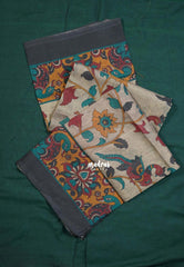 Dark Green - Kotravai - Plain khadi with kalamkari cotton blouse combo -Perfect for Regular Wear | Teachers | Professors Friendly