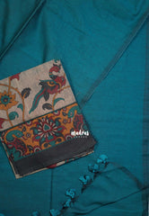 Teal Blue - Kotravai - Plain khadi with kalamkari cotton blouse combo -Perfect for Regular Wear | Teachers | Professors Friendly