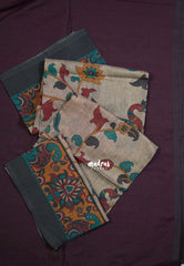Dark Coffee Brown - Kotravai - Plain khadi with kalamkari cotton blouse combo -Perfect for Regular Wear | Teachers | Professors Friendly