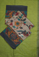Mehndi Green - Kotravai - Plain khadi with kalamkari cotton blouse combo -Perfect for Regular Wear | Teachers | Professors Friendly