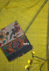 Yellowish Green - Kotravai - Plain khadi with kalamkari cotton blouse combo -Perfect for Regular Wear | Teachers | Professors Friendly