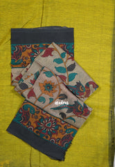 Yellowish Green - Kotravai - Plain khadi with kalamkari cotton blouse combo -Perfect for Regular Wear | Teachers | Professors Friendly