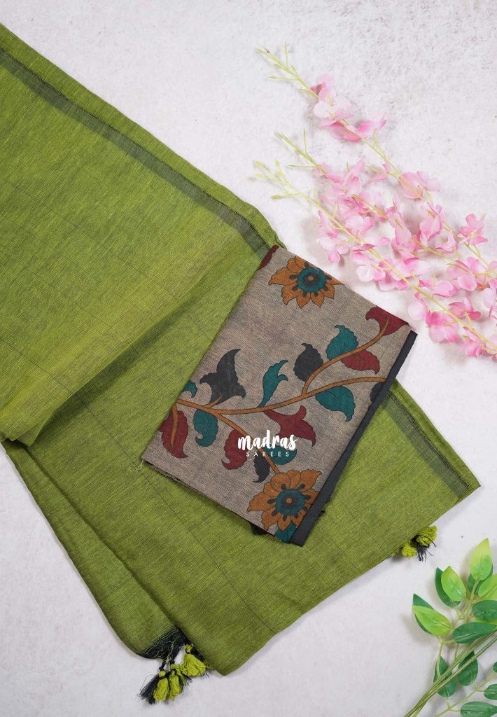 Mehndi Green - Kotravai - Plain khadi with kalamkari cotton blouse combo -Perfect for Regular Wear | Teachers | Professors Friendly
