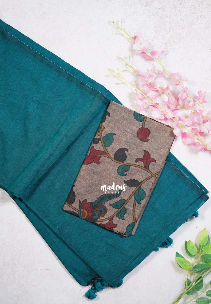 Teal Blue - Kotravai - Plain khadi with kalamkari cotton blouse combo -Perfect for Regular Wear | Teachers | Professors Friendly