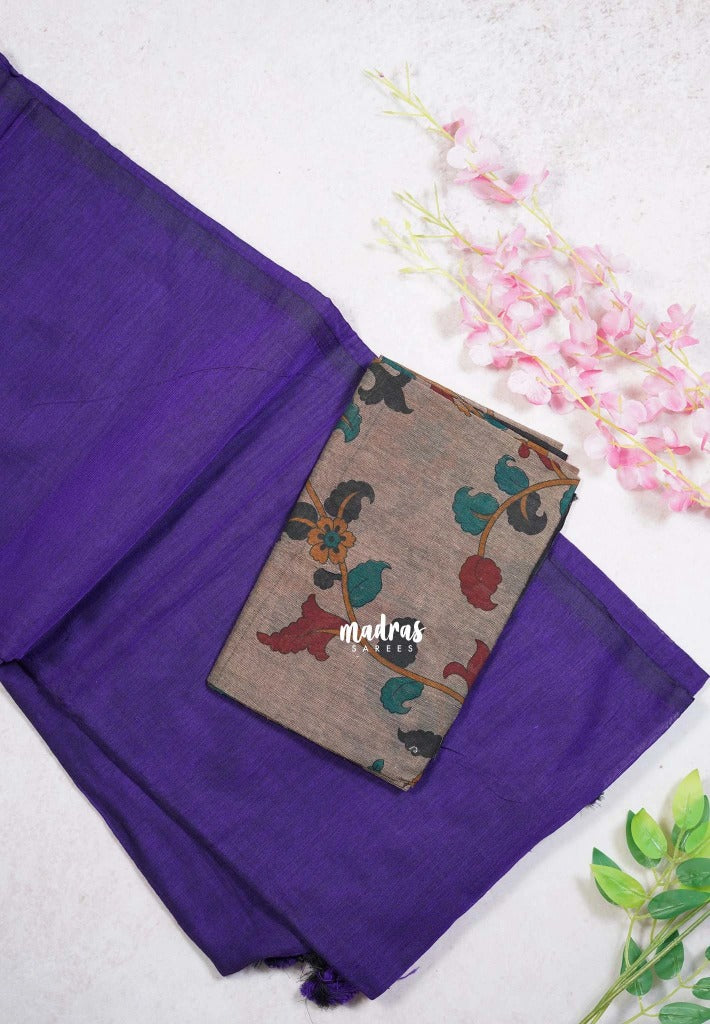 Royal Purple - Kotravai - Plain khadi with kalamkari cotton blouse combo -Perfect for Regular Wear | Teachers | Professors Friendly
